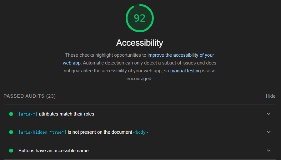 Google Lighthouse Accessibility Score of Website