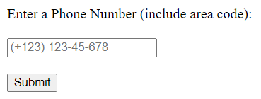 Form field for telephone number with area code format (e.g., (123) 456-7890).